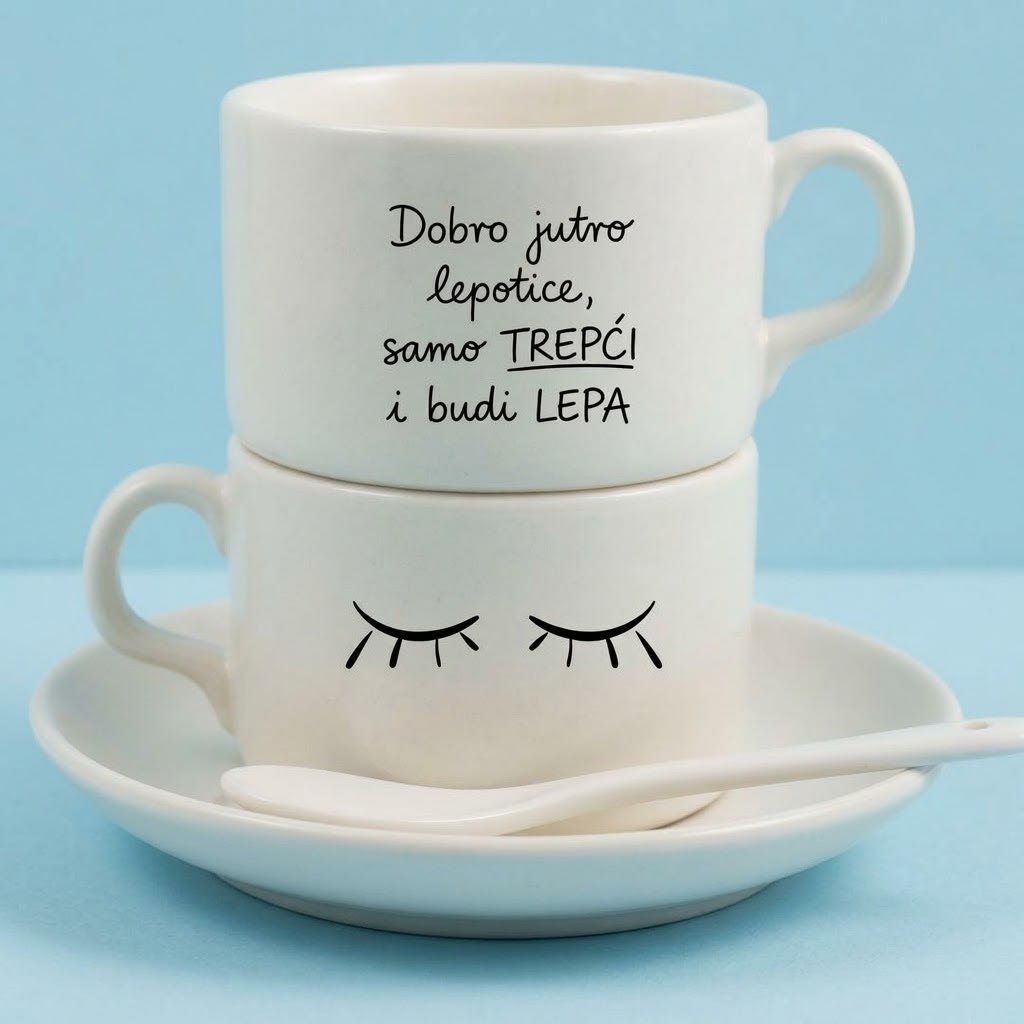 Dve bele šolje sa tacnama, natpis Dobro jutro lepotice samo trepći i budi lepa i crtež trepavica
